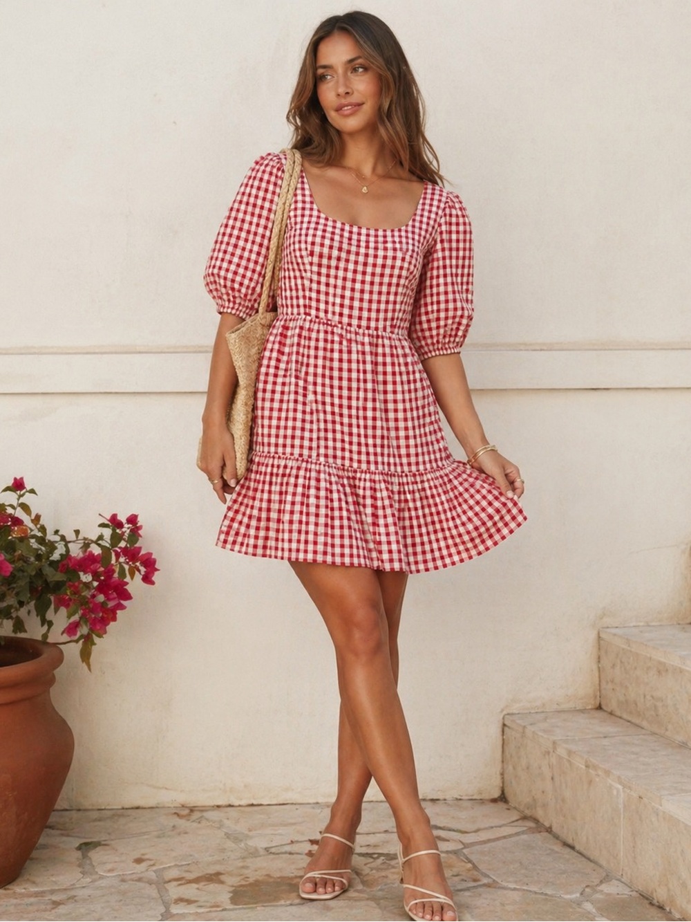 Loft Red Gingham Puff-Sleeve Mini Dress Open Back
